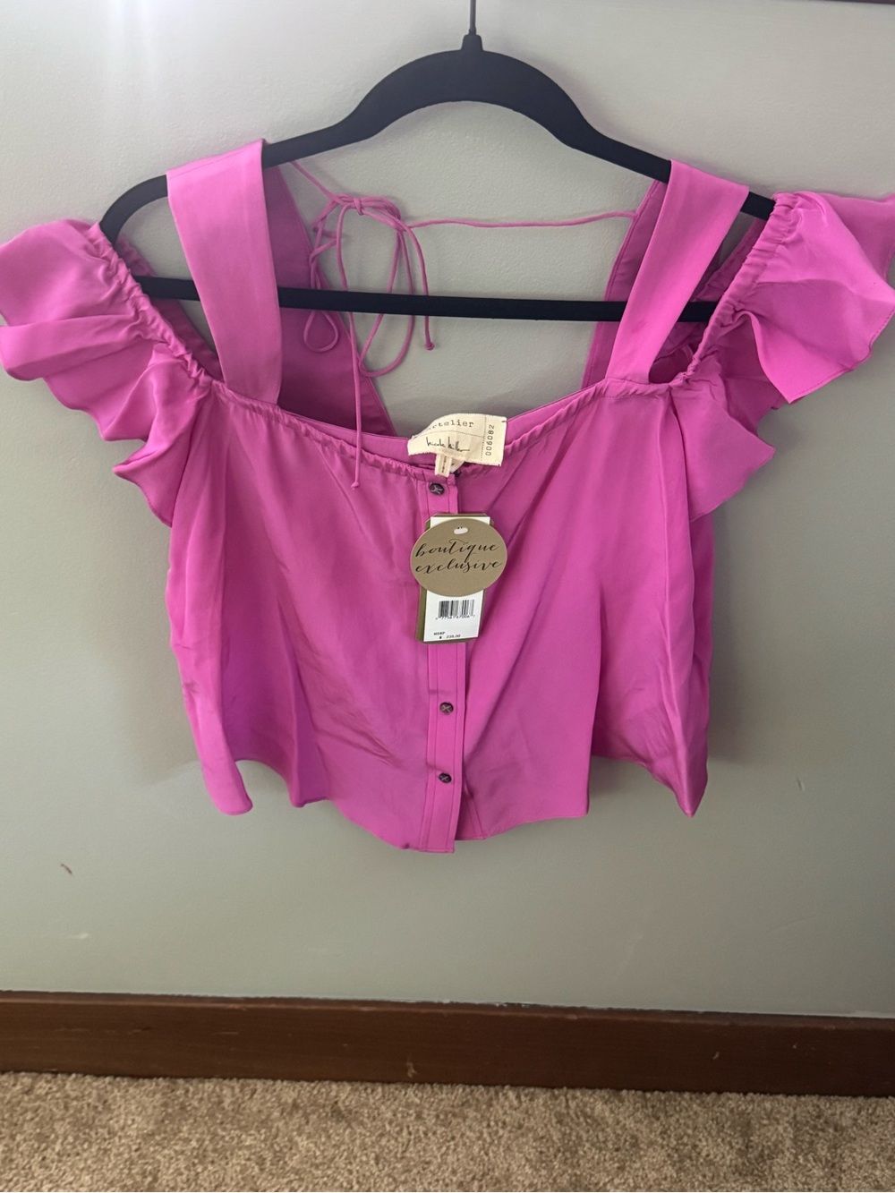 Nicole Miller 100% Silk Bright Pink Ruffle-Sleeve Button Front  Top